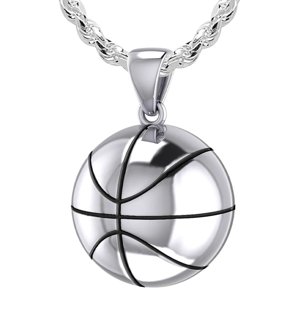 Large 925 Sterling Silver 3D Basketball Pendant Necklace, 18.5mm