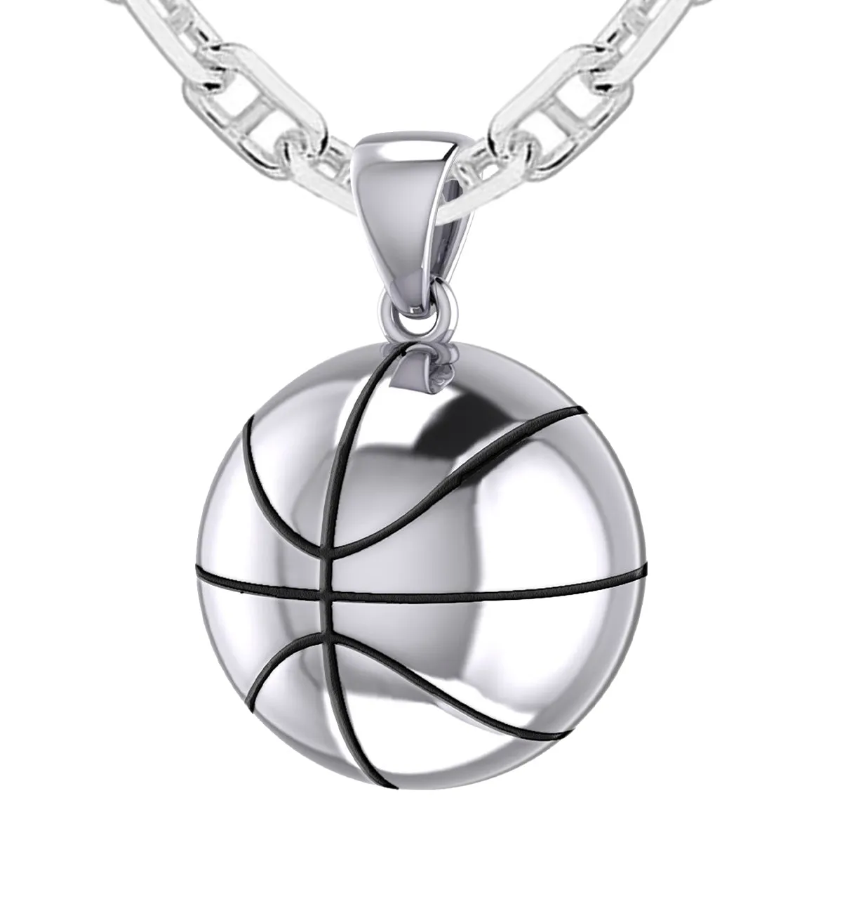 Large 925 Sterling Silver 3D Basketball Pendant Necklace, 18.5mm