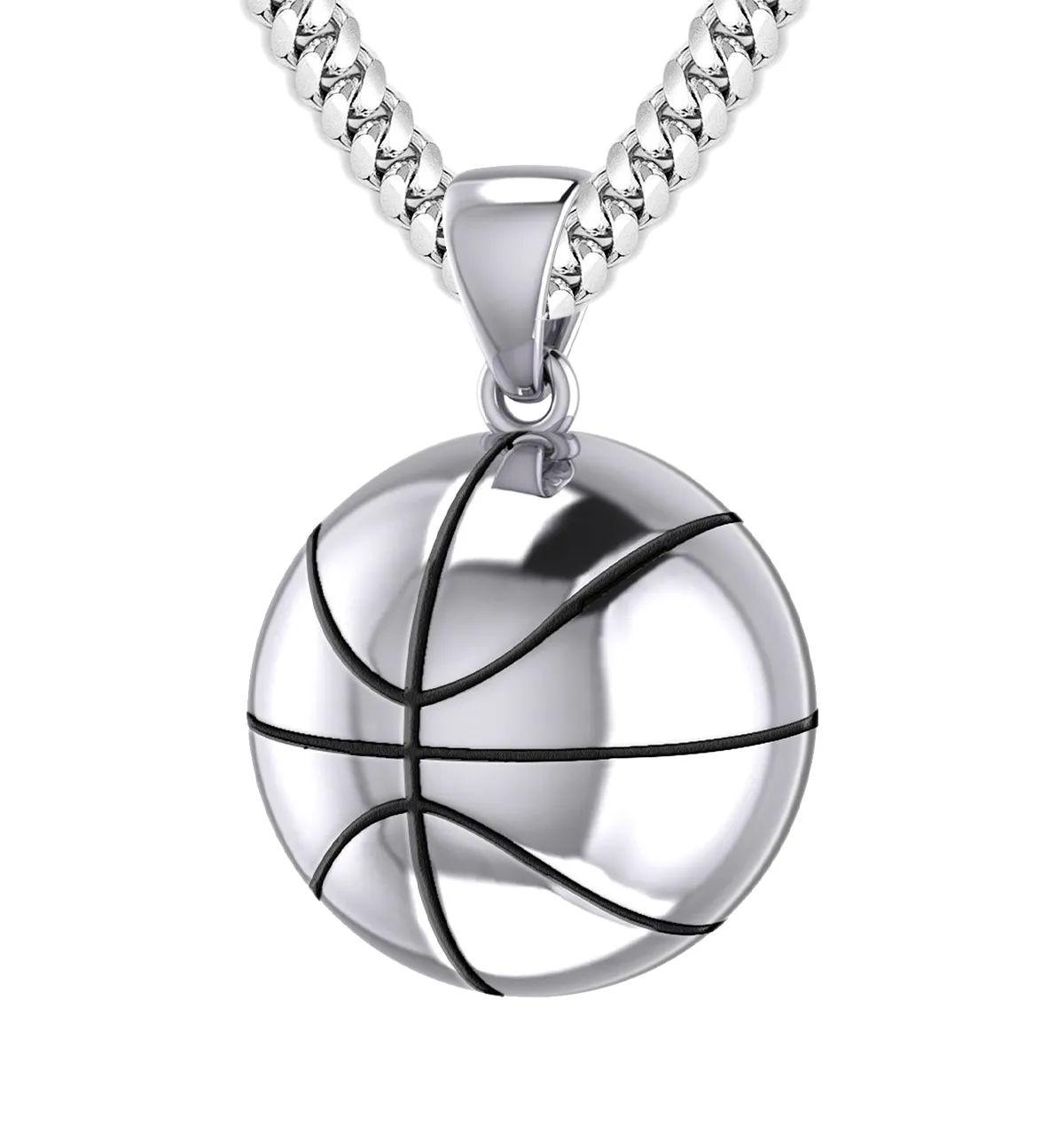 Large 925 Sterling Silver 3D Basketball Pendant Necklace, 18.5mm