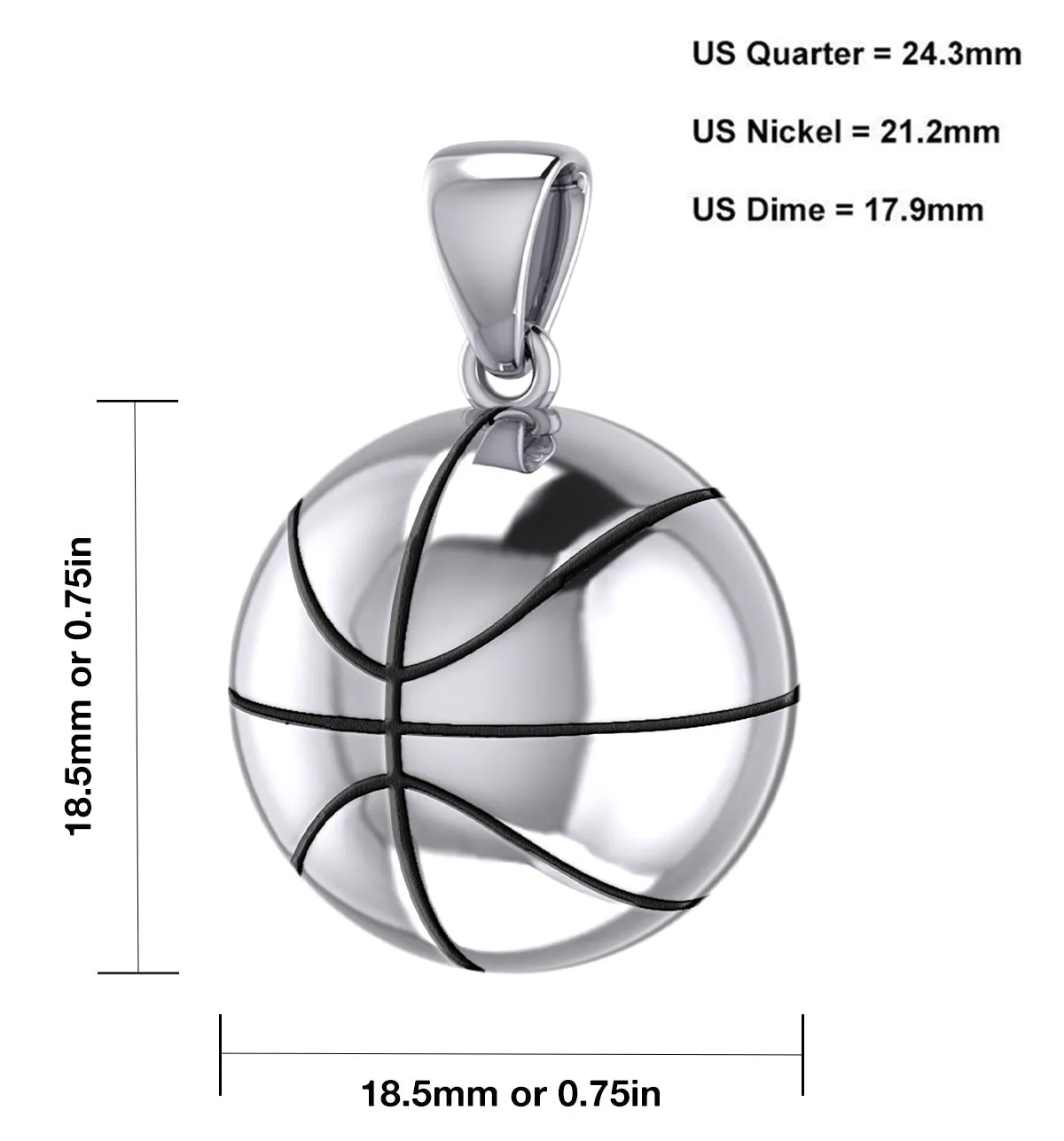 Large 925 Sterling Silver 3D Basketball Pendant Necklace, 18.5mm