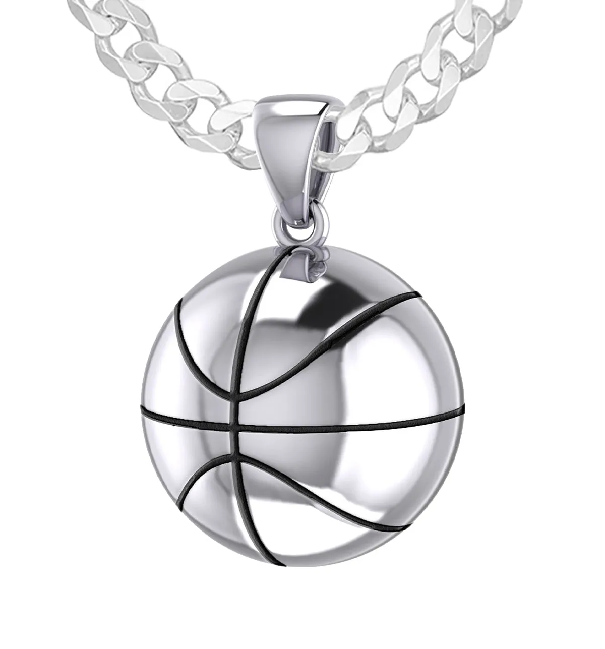 Large 925 Sterling Silver 3D Basketball Pendant Necklace, 18.5mm