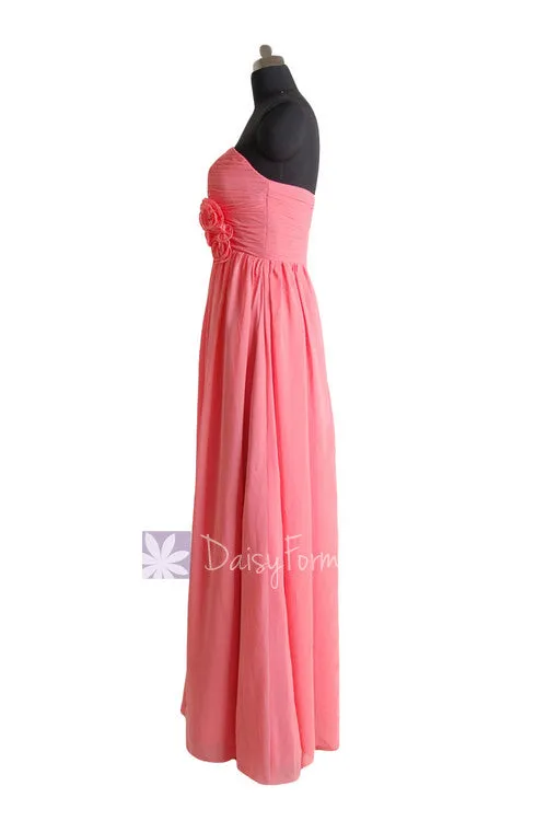 Light Coral Long Sweetheart Chiffon Evening Dress Long Coral Bridesmaid Dress(BM224)