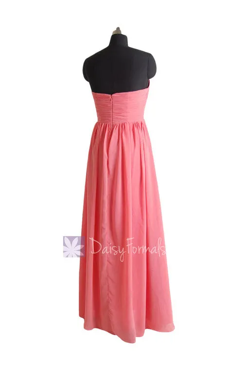 Light Coral Long Sweetheart Chiffon Evening Dress Long Coral Bridesmaid Dress(BM224)