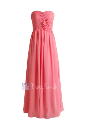 Light Coral Long Sweetheart Chiffon Evening Dress Long Coral Bridesmaid Dress(BM224)