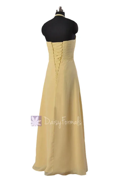 Light Yellow Long Halter Chiffon Evening Dress Bridesmaid Dress w/ Flowers(BM325L)