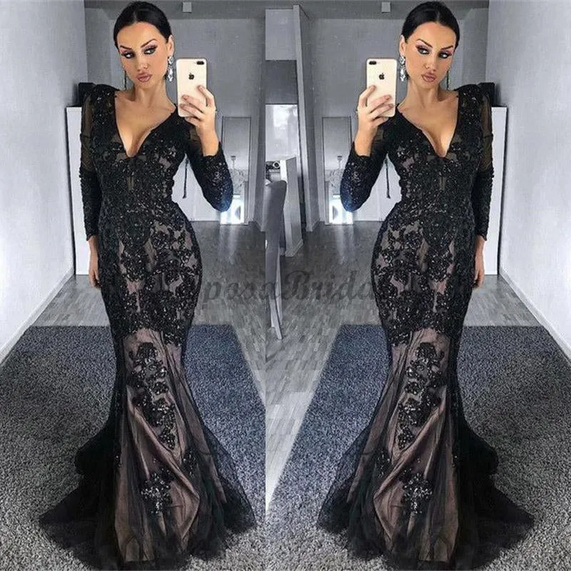 Long Sleeves Black Mermaid Modest Elegant High Quality Long Prom Dresses PD1439