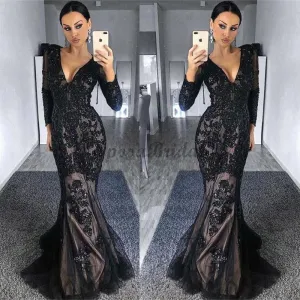 Long Sleeves Black Mermaid Modest Elegant High Quality Long Prom Dresses PD1439