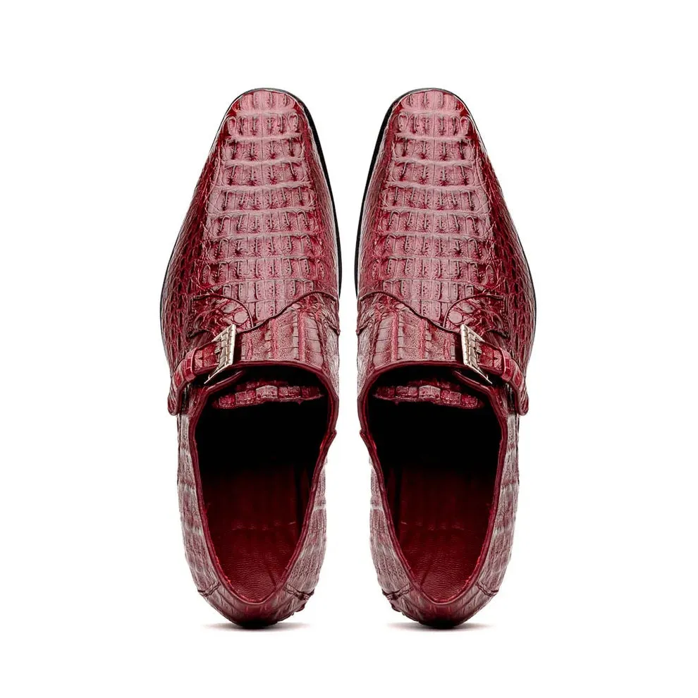 Marco Di Milano Luigi Wine Caiman Crocodile Monk Strap Dress Shoes