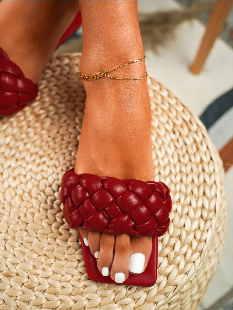 Maroon Matte Weave Detail Flat Sole Sandals