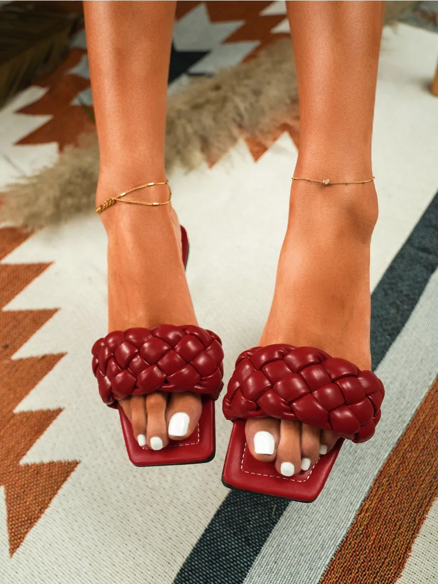 Maroon Matte Weave Detail Flat Sole Sandals