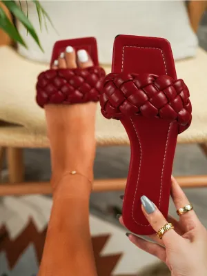 Maroon Matte Weave Detail Flat Sole Sandals