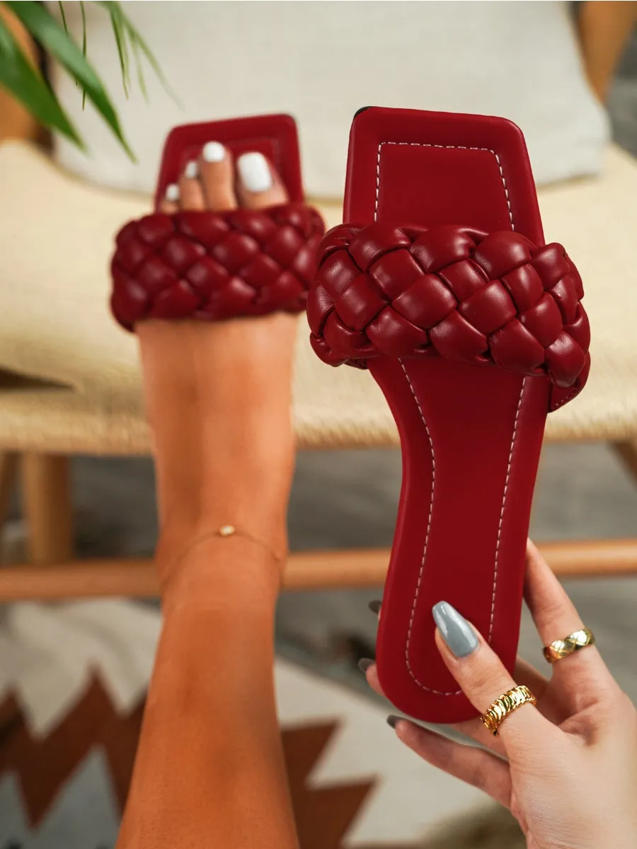 Maroon Matte Weave Detail Flat Sole Sandals