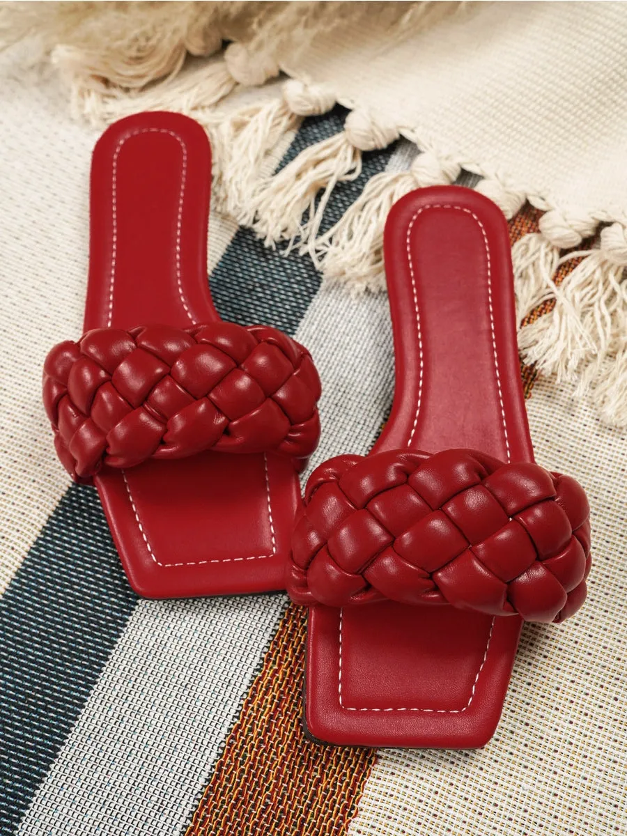 Maroon Matte Weave Detail Flat Sole Sandals