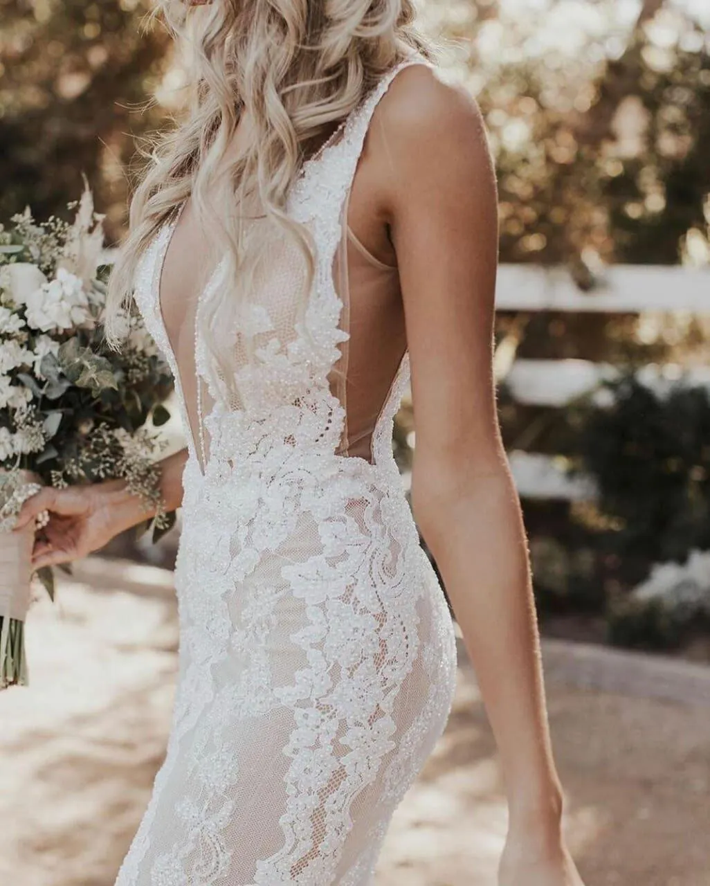 Mermaid/Trumpet Deep V-neck Lace Boho Wedding Dress Bridal Gown WD524