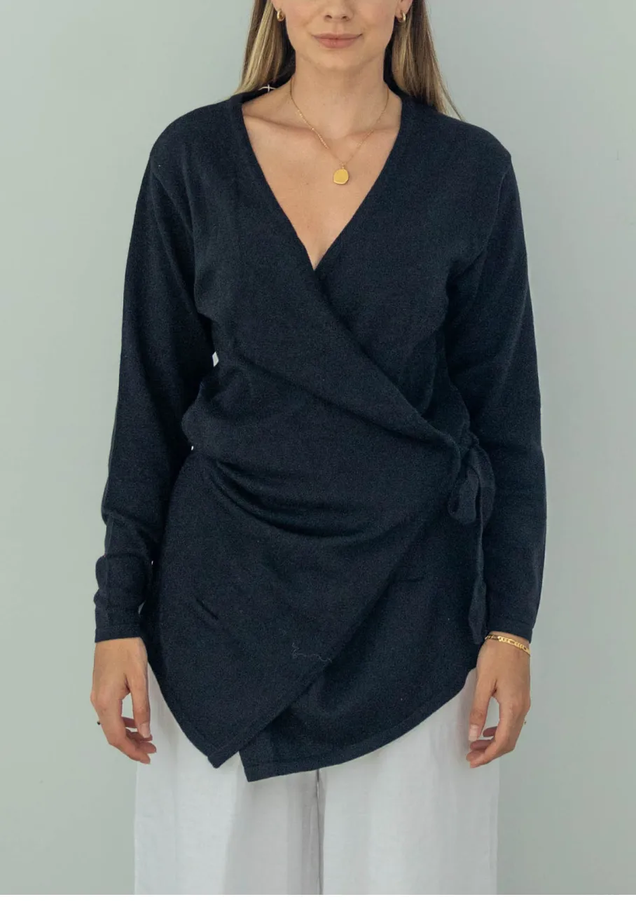 Miann & Co Womens - Monroe Knit Wrap Long Sleeve Top - Black