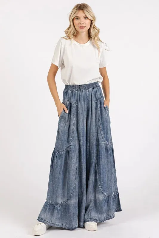 Mittoshop Washed Chambray Tier Detail Wide Leg Pants