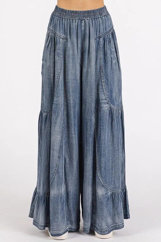 Mittoshop Washed Chambray Tier Detail Wide Leg Pants