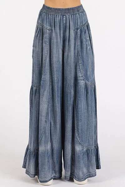 Mittoshop Washed Chambray Tier Detail Wide Leg Pants