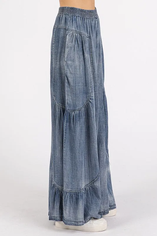 Mittoshop Washed Chambray Tier Detail Wide Leg Pants