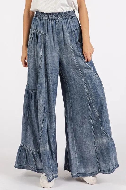Mittoshop Washed Chambray Tier Detail Wide Leg Pants
