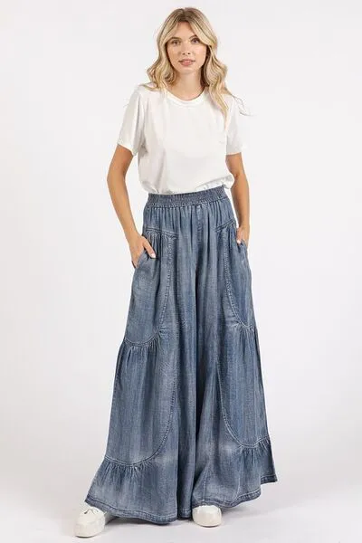 Mittoshop Washed Chambray Tier Detail Wide Leg Pants