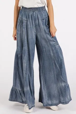 Mittoshop Washed Chambray Tier Detail Wide Leg Pants
