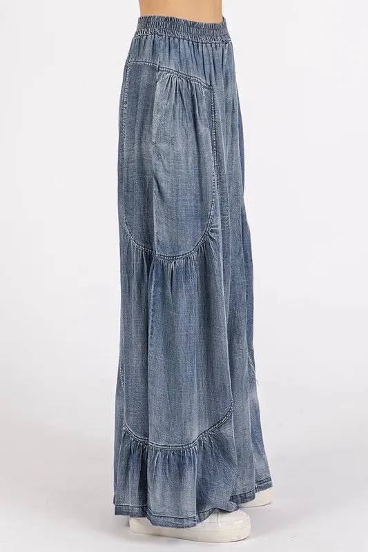 Mittoshop Washed Chambray Tier Detail Wide Leg Pants