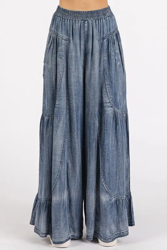 Mittoshop Washed Chambray Tier Detail Wide Leg Pants