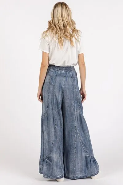 Mittoshop Washed Chambray Tier Detail Wide Leg Pants