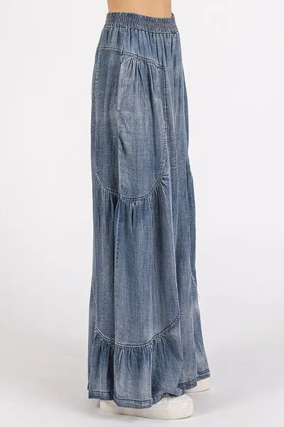 Mittoshop Washed Chambray Tier Detail Wide Leg Pants