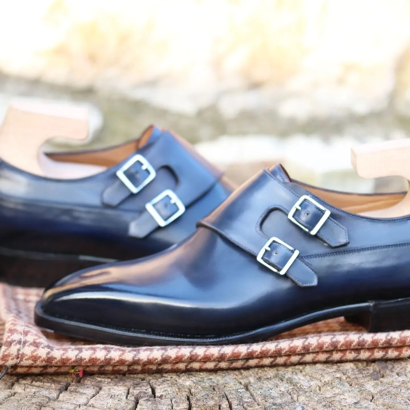 Navy Blue Leather Barcelos Monk Straps - Monk Shoes