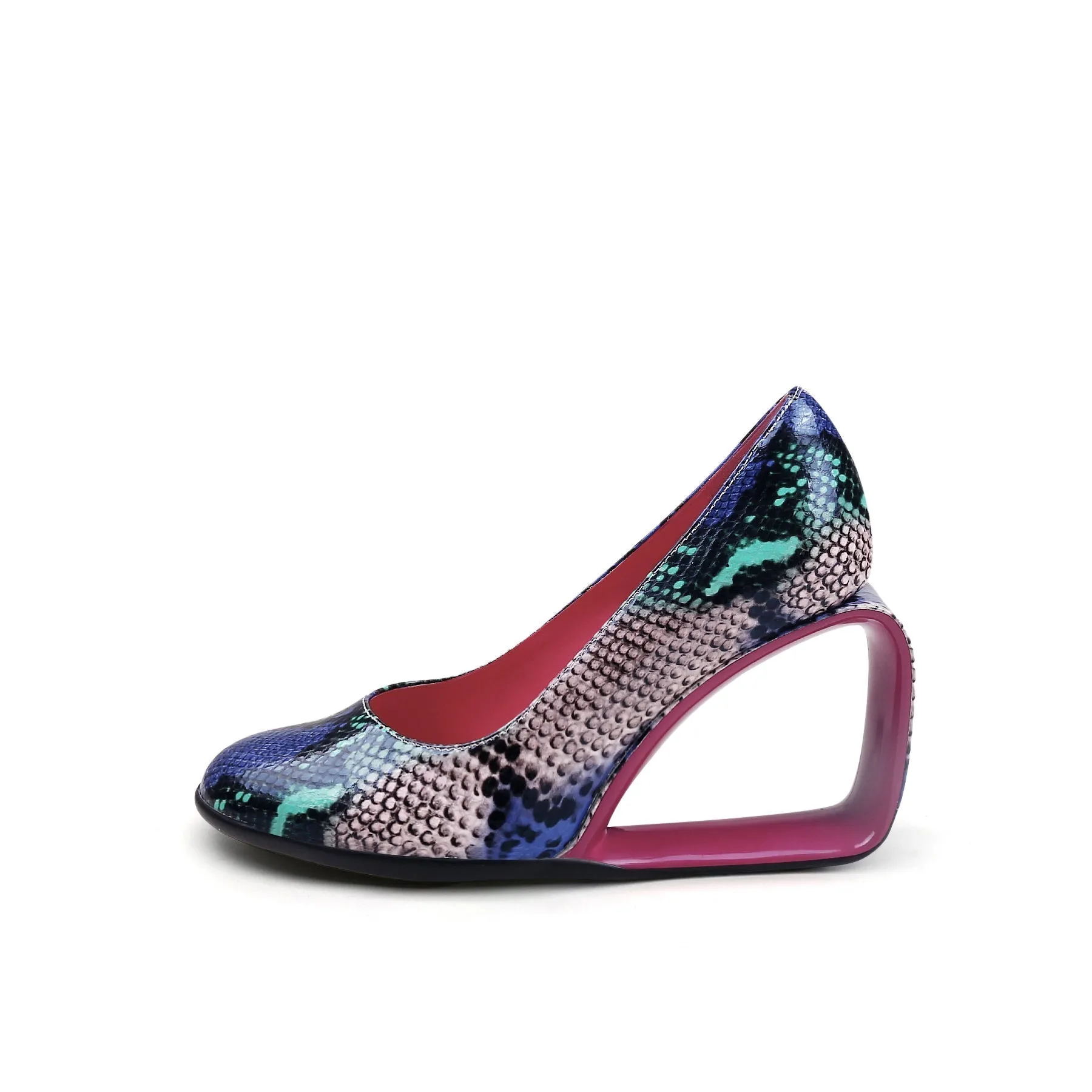 Open Triangle-Heel Leather Pump - Pink Snake