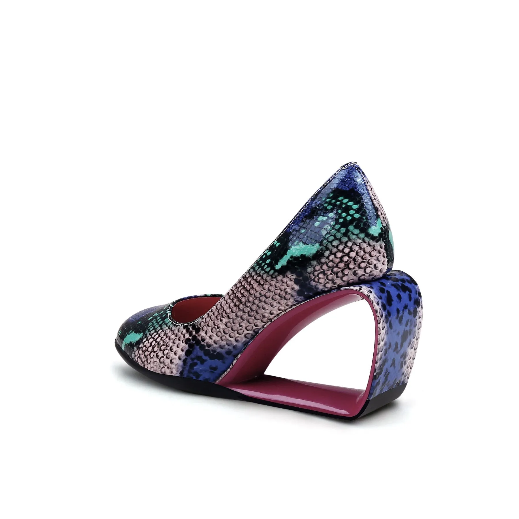 Open Triangle-Heel Leather Pump - Pink Snake