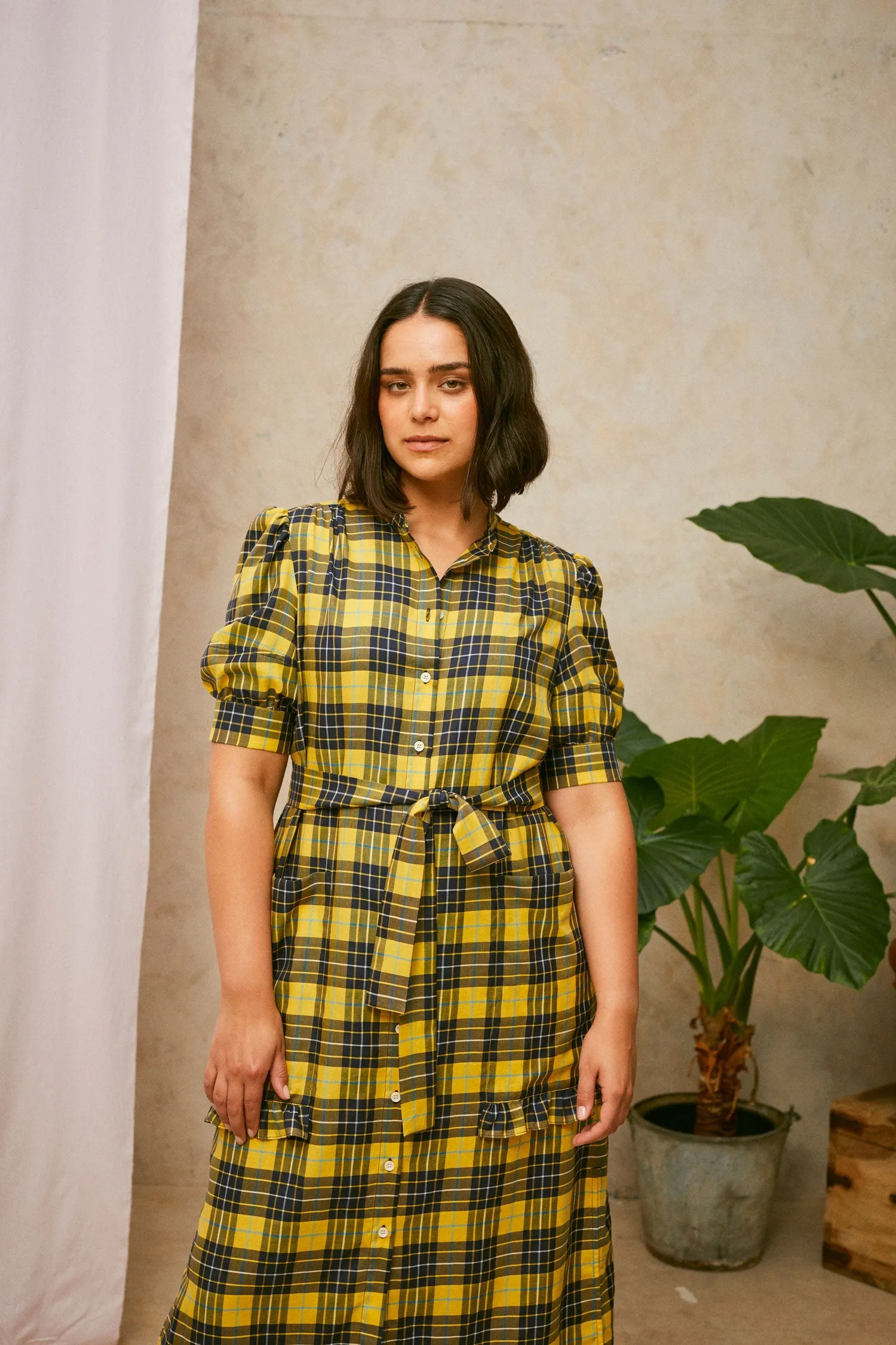 Rosa Puff Sleeve Shirtdress, Yellow Check Lyocell/ Cotton
