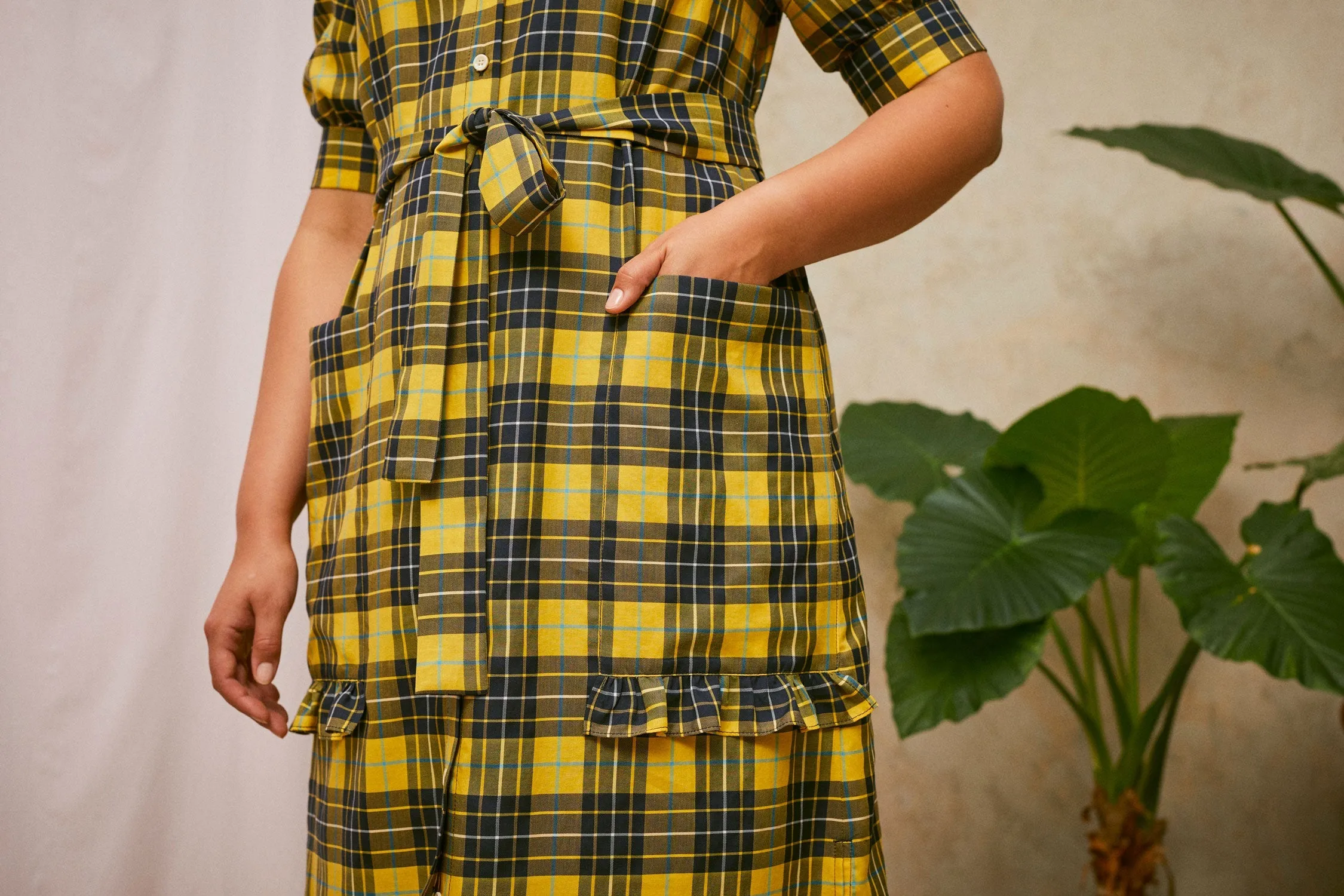 Rosa Puff Sleeve Shirtdress, Yellow Check Lyocell/ Cotton