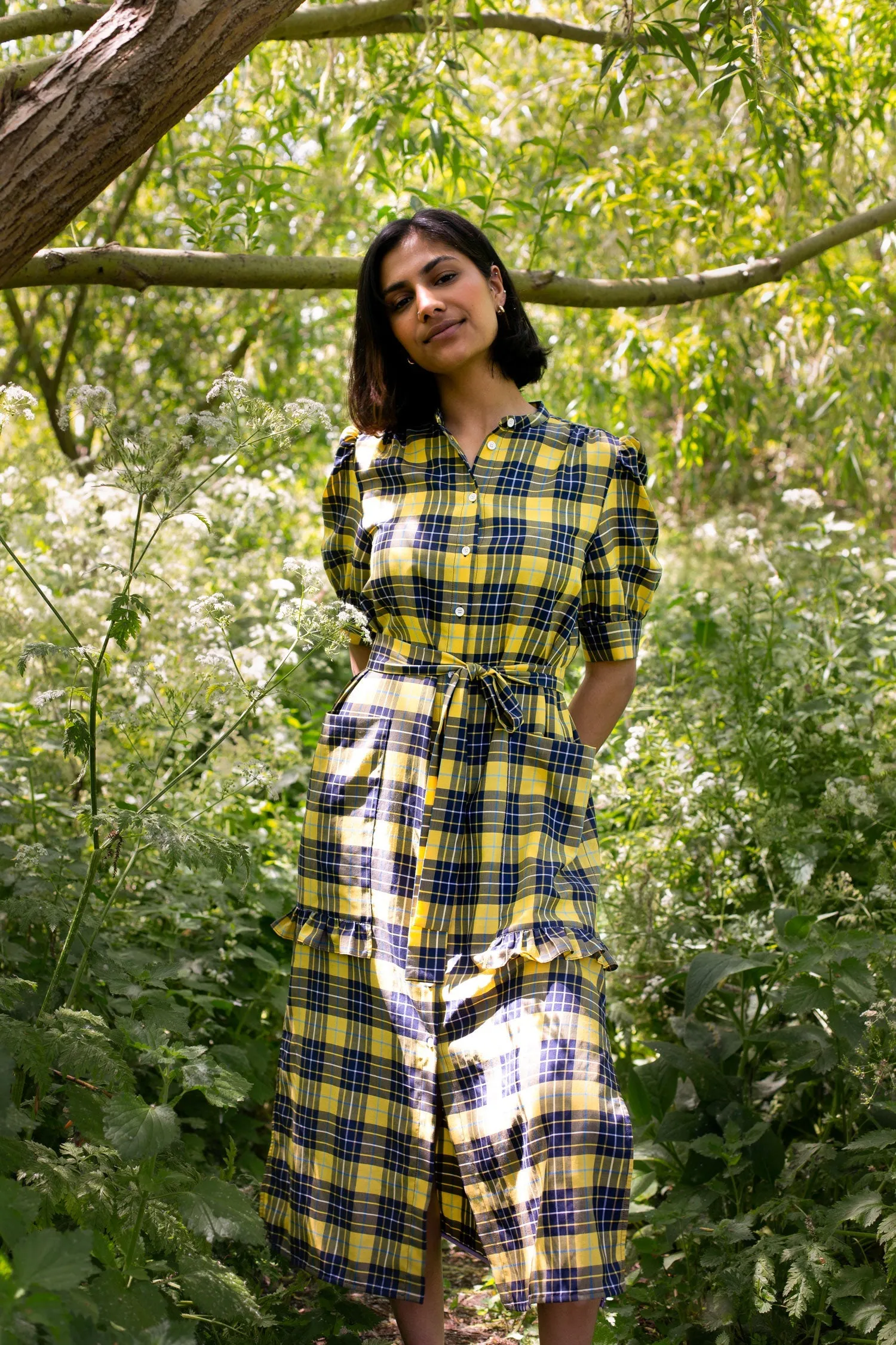 Rosa Puff Sleeve Shirtdress, Yellow Check Lyocell/ Cotton