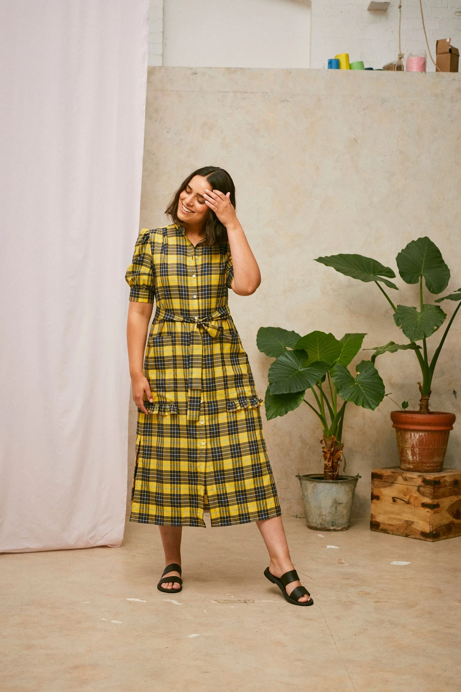 Rosa Puff Sleeve Shirtdress, Yellow Check Lyocell/ Cotton