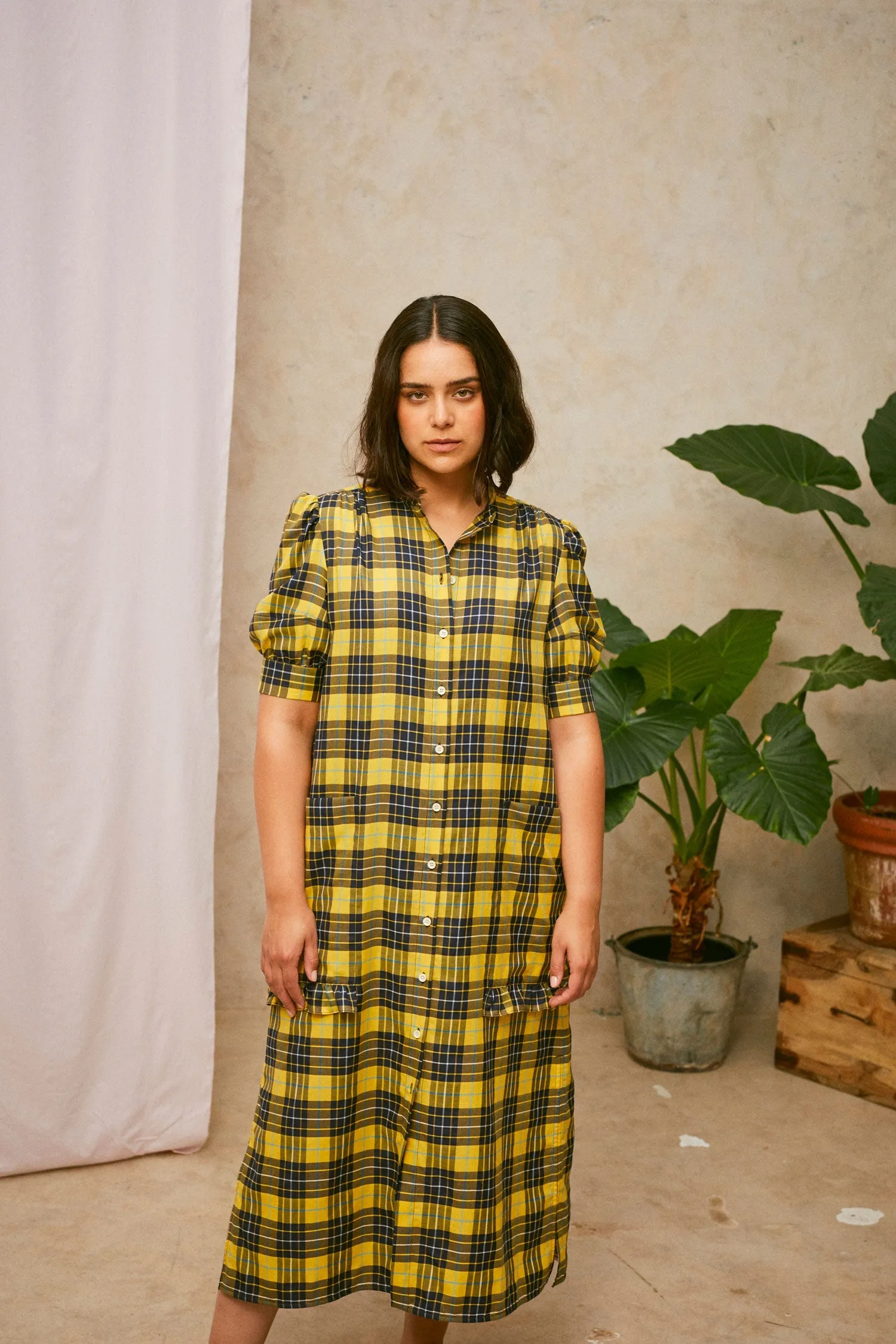 Rosa Puff Sleeve Shirtdress, Yellow Check Lyocell/ Cotton