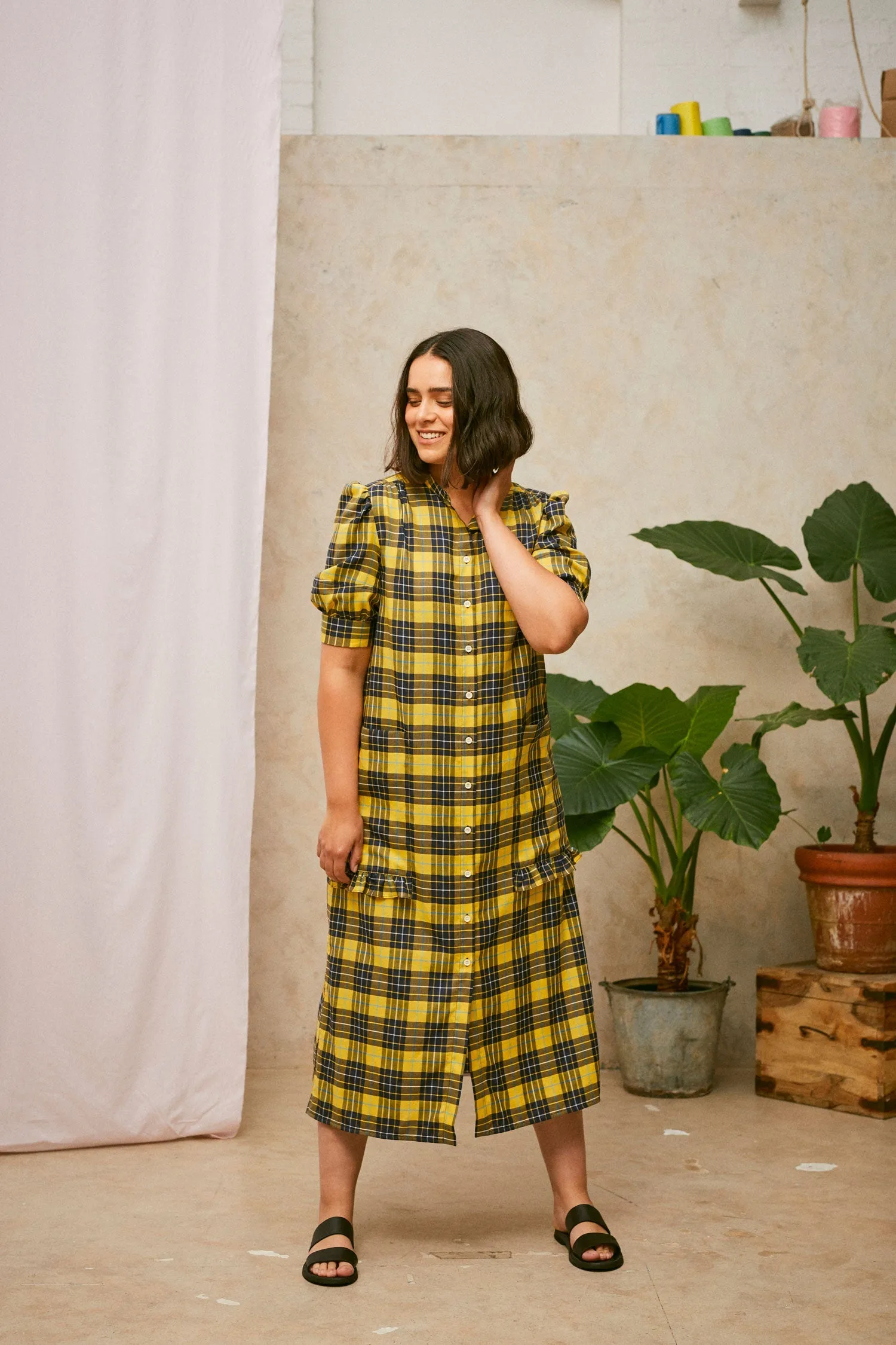 Rosa Puff Sleeve Shirtdress, Yellow Check Lyocell/ Cotton