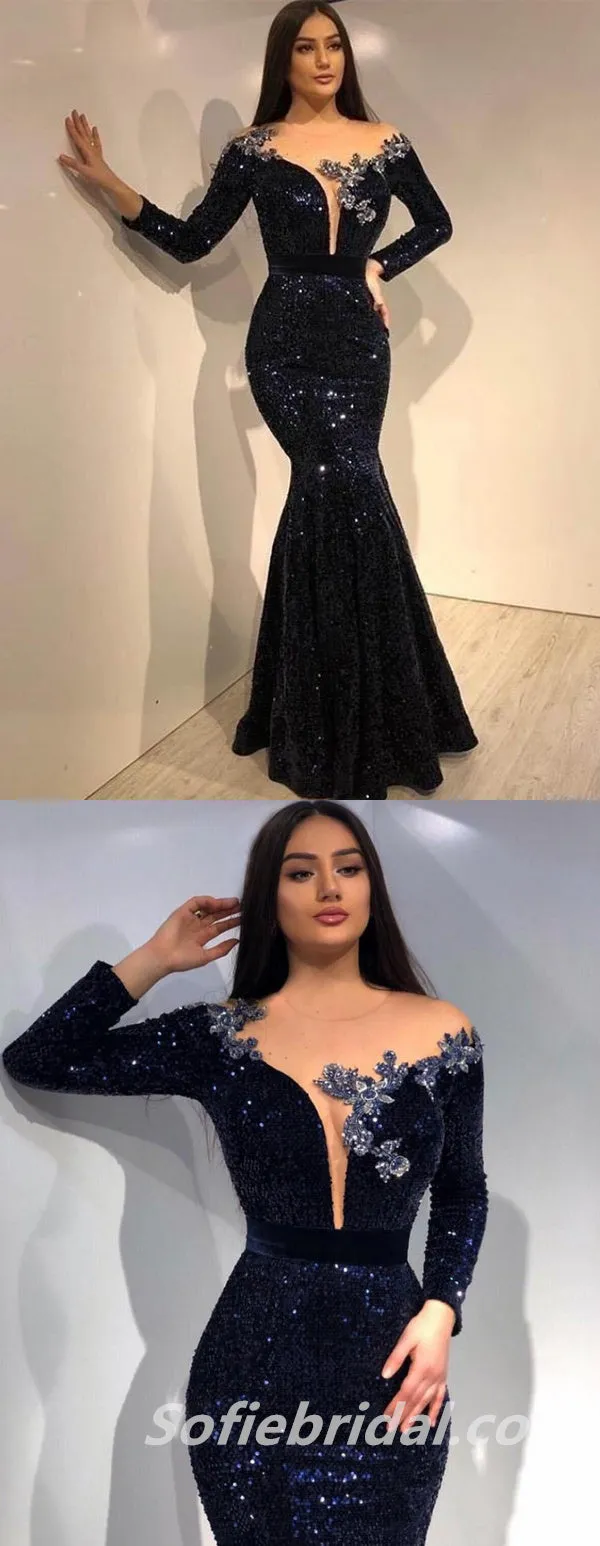 Sexy Black Sequin Off Shoulder Long Sleeves V-Neck Mermaid Long Prom Dresses,SFPD0256