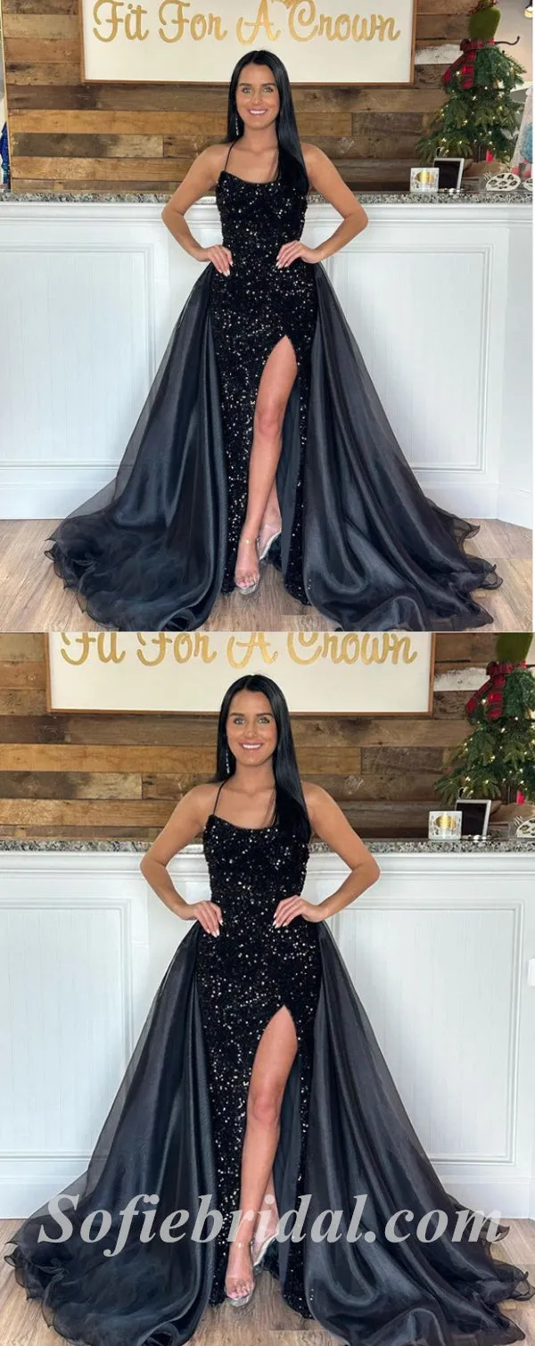 Sexy Black Sequin Spaghetti Straps Sleeveless Mermaid Long Prom Dresses With Tulle Trailing,SFPD0522
