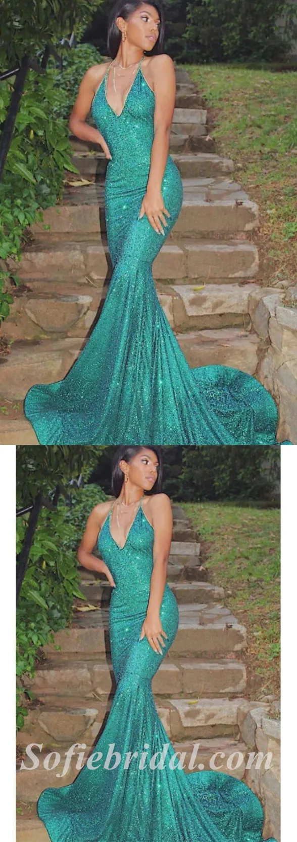 Sexy Charming Sequin Halter V-Neck Mermaid Long Prom Dresses,SFPD0439