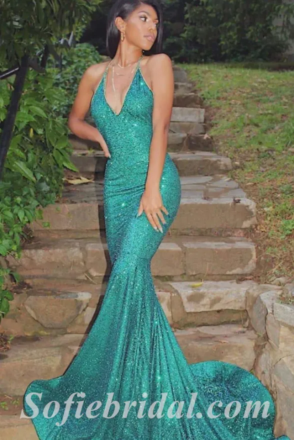 Sexy Charming Sequin Halter V-Neck Mermaid Long Prom Dresses,SFPD0439