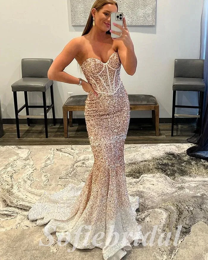 Sexy Gradient Sequin Sweetheart Sleeveless Mermaid Long Prom Dresses,PD0794