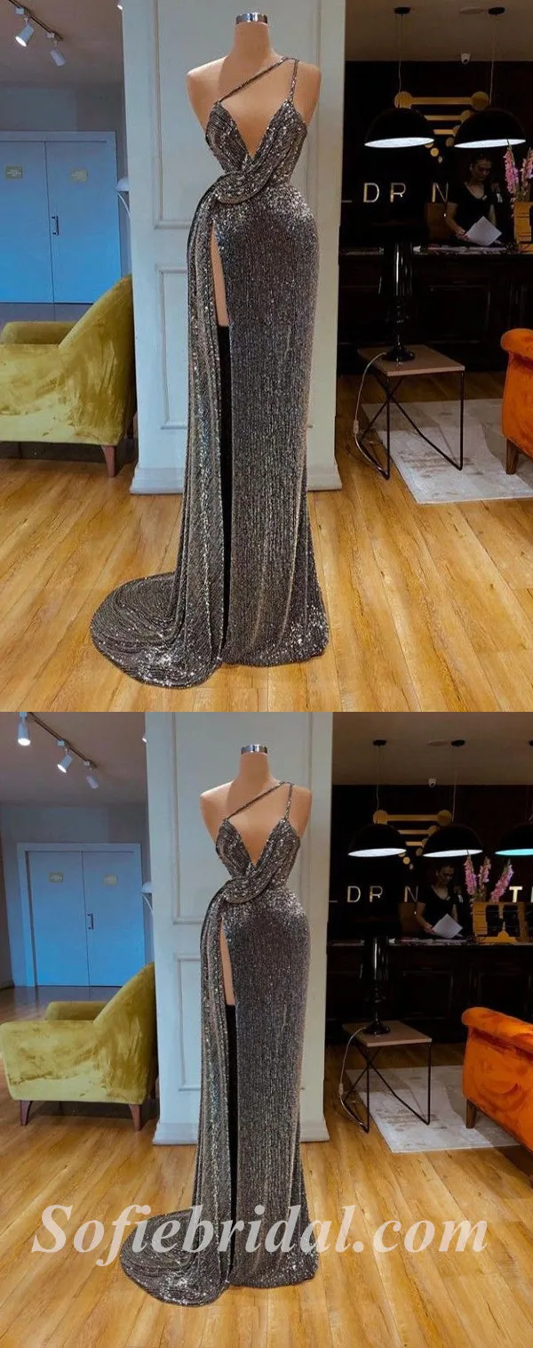 Sexy Sequin One Shoulder V-Neck Sleeveless Side Slit Mermaid Long Prom Dresses ,SFPD0498