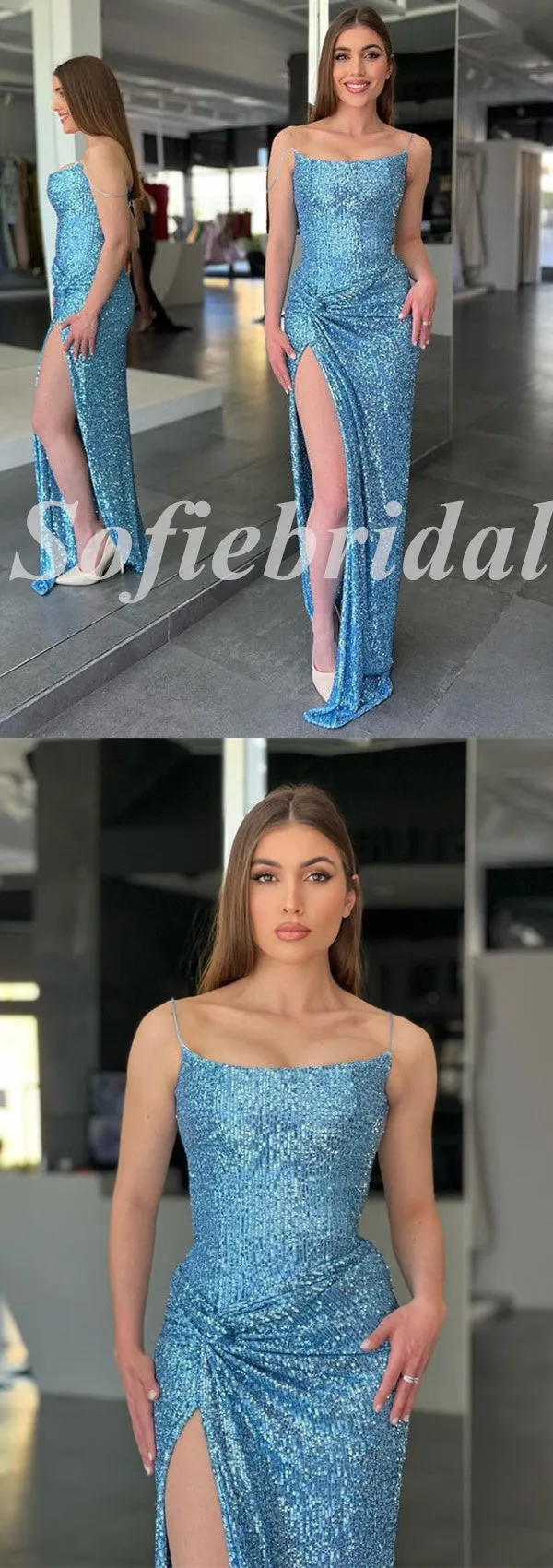 Sexy Sequin Spaghetti Straps Side Slit Mermaid Long Prom Dresses,PD0759