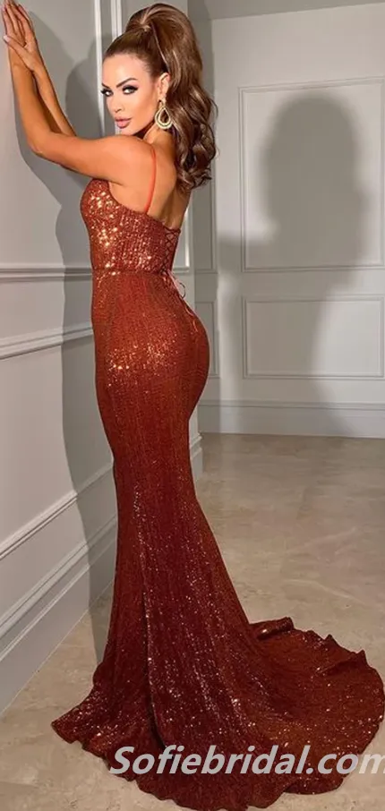 Sexy Sequin Spaghetti Straps V-Neck Side Slit Mermaid Long Prom Dresses,SFPD0253