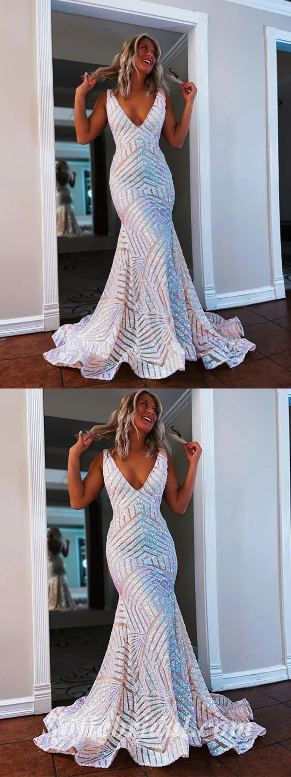 Sexy Shiny Sequin Spaghetti Straps V-Neck Sleeveless Mermaid Long Prom Dresses,SFPD0463