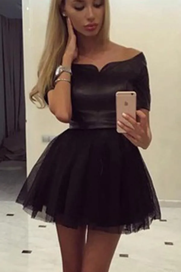 Sexy Short Sleeves Off-the-shoulder Short Black Homecoming Dress TR0068