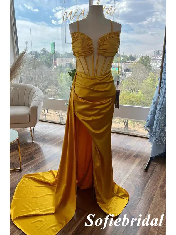 Sexy Soft Satin Spaghetti Straps V-Neck Side Slit Mermaid Long Prom Dresses, PD0976